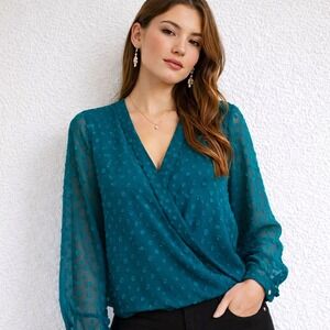 NWT Teal Swiss Dot Sheer Wrap Blouse XL Romantic Feminine Elevated